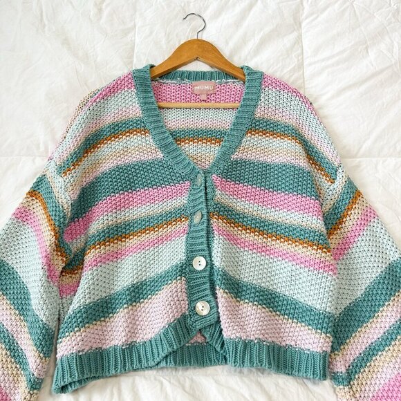 Show Me Your Mumu Good Karma Sherbert Stripe Knit Cardigan Size Large Pink Green - Picture 6 of 11